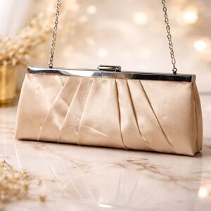 Jessica McClintock Champagne Formal Clutch Satin Evening Bag Chain